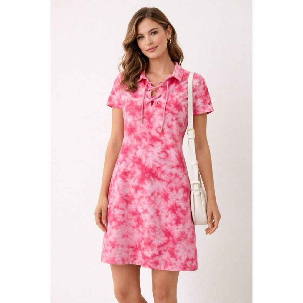 Tommy Hilfiger Pink Tie Dye Polo Dress Lace Up Cotton Size Medium NWT